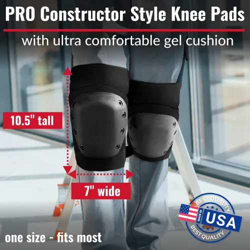 Vista 2 de PRO - Rodilleras estilo constructor con 3 niveles de protección, color negro, 1 par, tapa de plástico de soporte plano y cierres ajustables