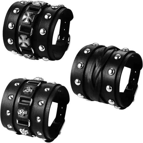 Vista 6 de OIDEA Assorted 3pcs Mens Punk Multistrand Leather Braided Bangle Cuff Bracelet for Biker Dad Father Size Adjustable