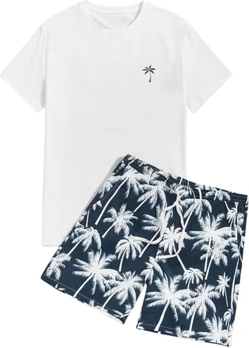 Vista 15 de GORGLITTER Conjunto de 2 piezas de camiseta gráfica de manga corta para hombre, estampado hawaiano con cordón y pantalones cortos