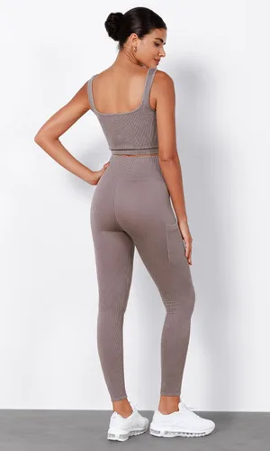 Vista 5 de ODODOS Leggings sin costuras para mujer con bolsillos, cintura alta, lavado ácido, acanalado, pantalones de yoga para gimnasio y entrenamiento