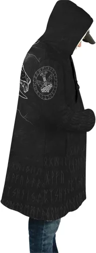 Vista 2 de WSXJJ Abrigo con capucha de tatuaje de lobo vikingo Fenrir en 3D, abrigo nórdico de cachemira sintética para hombre, chaqueta de invierno de media