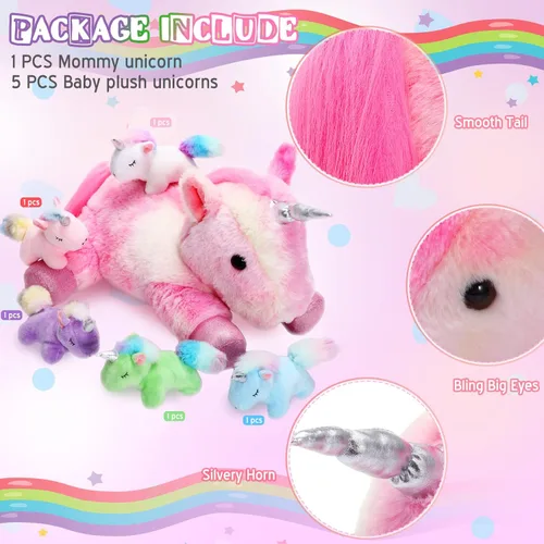 Vista 3 de Sumind Peluche de unicornio arcoíris para mamá con 5 lindos unicornios en su barriga para mamá, año de Navidad, regalos de cumpleaños