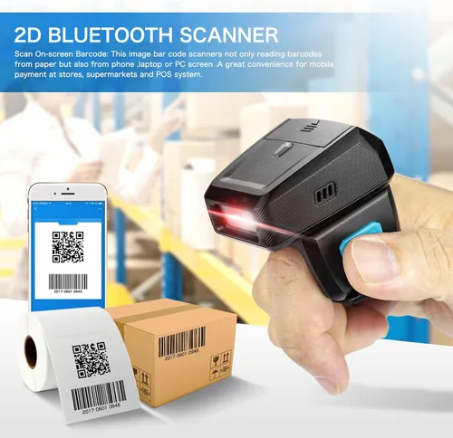 Vista 3 de NETUM Escáner de código de barras con anillo QR 2D Bluetooth, mini lector de códigos de barras portátil con base de carga y memoria incorporada