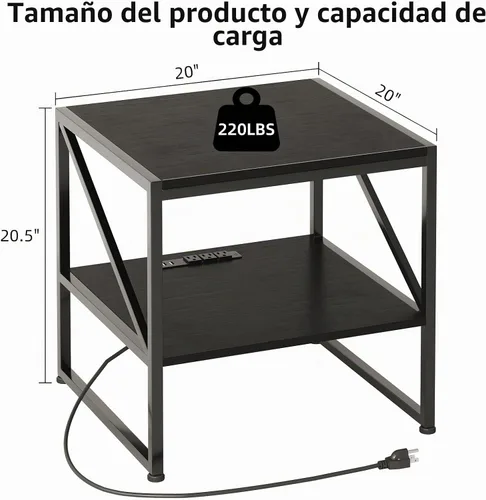 Vista 2 de Mesa auxiliar con estación de carga, mesa auxiliar cuadrada de 20 pulgadas con puertos USB y tomas de corriente, mini soporte para refrigerador