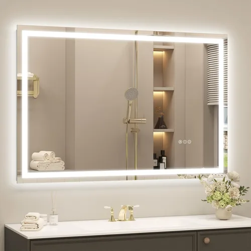 Vista 9 de Espejo de baño LED iluminado de 30 x 30 pulgadas para pared, espejo cuadrado de tocador con luces, regulable, antivaho, a prueba de roturas