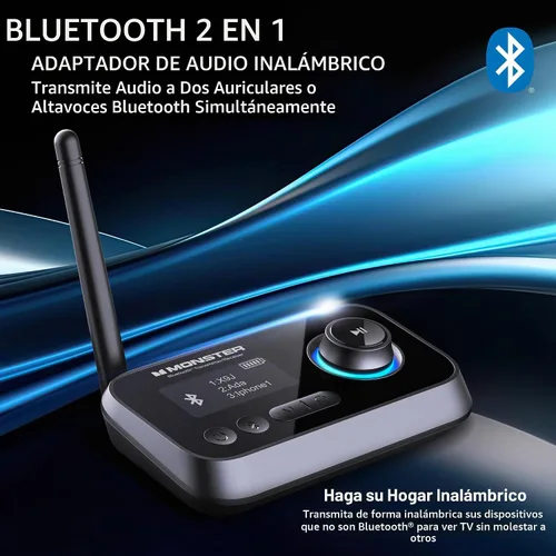 Vista 2 de Transmisor y receptor Bluetooth Monster, adaptador de audio Bluetooth 2 en 1, transmisión a/desde dispositivos no Bluetooth, transmisión de TV a 2