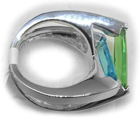 Vista 3 de Anillo moderno de plata esterlina cruzada flotante de helenita azul y verde R98S 4.0 ct