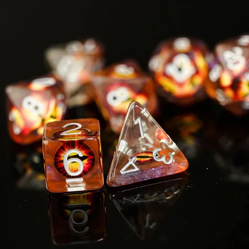Vista 8 de Cusdie Dados DND de 7 troqueles, juego de dados poliédricos rellenos de globo ocular, para juegos de rol, dados D&D (globo ocular marrón)
