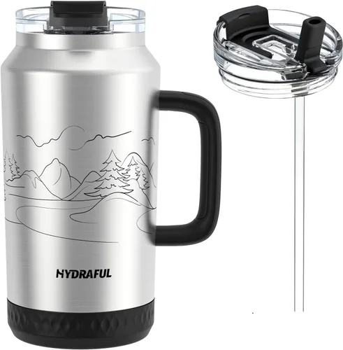 Vista 11 de Hydraful Vaso de 64 onzas con asa y pajilla, 100% a prueba de fugas, vaso aislado reutilizable, botella de agua grande de acero inoxidable, taza