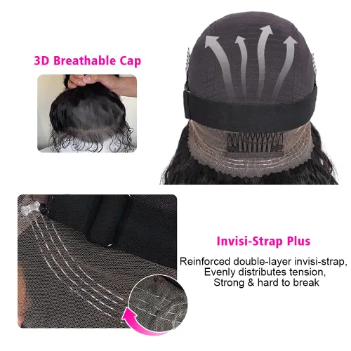 Vista 3 de Pelucas de cabello humano ondulado con encaje frontal 360 con correa oculta, nudos blanqueados, sin pegamento, previamente despuntadas, precortadas