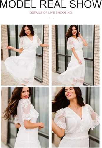 Vista 4 de Bdcoco Vestido largo de encaje floral con cuello en V y botones para mujer, estilo casual, manga corta, estilo bohemio