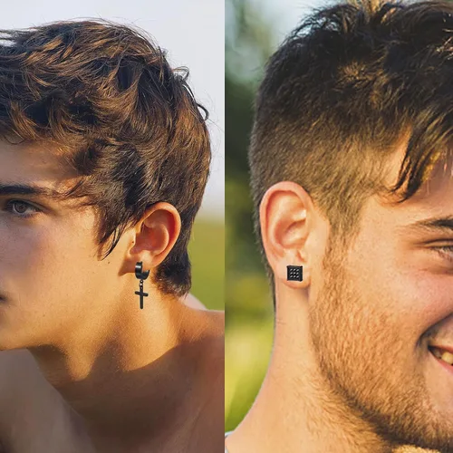 Vista 5 de KWUNCCI Aretes para hombre, 15 pares de aretes de aro de acero inoxidable quirúrgico, aretes negros para hombres y mujeres, juego de aretes de aro
