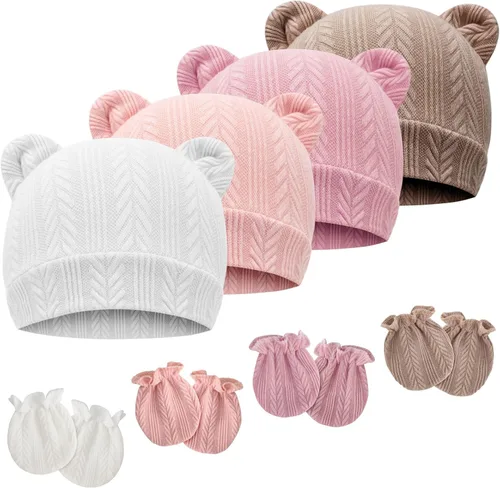 Vista 19 de Conjunto de gorro y mitones para recién nacidos con orejas de oso, gorro para bebé, gorro de hospital para bebé niño o niña, de 0 a 3 meses 4