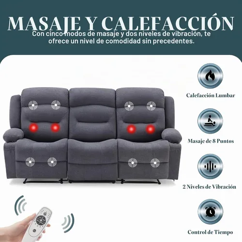 Vista 6 de Sofá reclinable extragrande con calor y masaje, sofá reclinable RV grande de 3 plazas para sala de estar, sofá reclinable de pared con portavasos