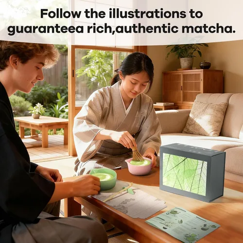 Vista 7 de Juego de té matcha tradicional, juego completo de 8 piezas con cuenco de cerámica Chawan con boquilla, batidor de bambú y soporte, cuchara, tamiz