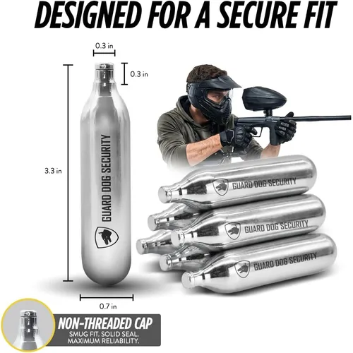 Vista 7 de Guard Dog Security 8 Gram / 12 Gram Co2 Cartridges, Non-Threaded for BB Gun, BB Pistol, Airsoft Pistol, and Paintball Markers, Snug fit, Solid Seal