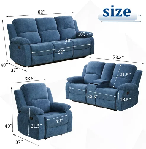 Vista 2 de Juego de sofá reclinable manual para sala de estar, juego de muebles de 3 piezas, sofá reclinable de tela Courduroy y dos sillas con mesa Azul