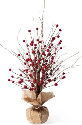 Vista 3 de Glitzhome Árbol de mesa de bayas rojas de Navidad de 16 pulgadas de alto con base de arpillera, centro de mesa decorativo de bayas para Navidad Día