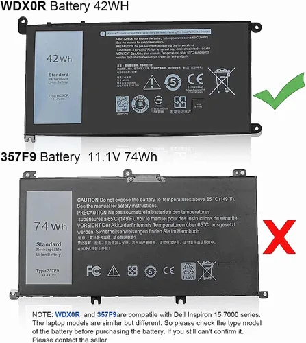 Vista 2 de WDX0R - Batería de repuesto para laptop Dell Inspiron 13 15 5000 7000 Series 5565 5570 7573 5379 5567 7378 5579 7560 7570 5568 7579 7375 5578 533