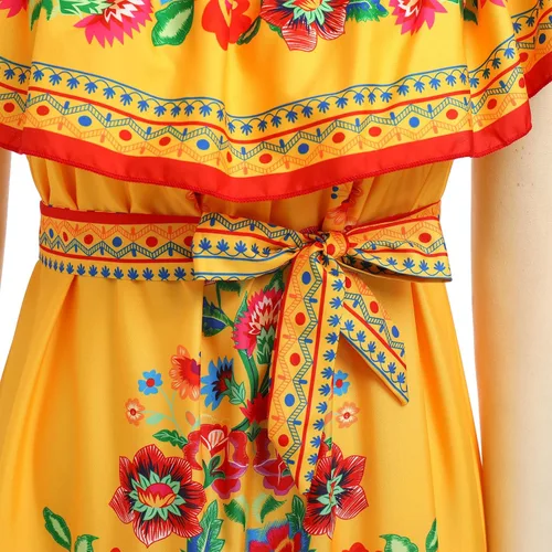 Vista 5 de Vestido mexicano para mujer, estampado floral, tradicional, étnico, hombros descubiertos, playa, vacaciones, fiesta, vestidos largos