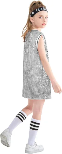 Vista 4 de LOLANTA Ropa de baile Hip Hop para niñas, vestido de lentejuelas para niños, camiseta larga sin mangas, camiseta de animadora de jazz