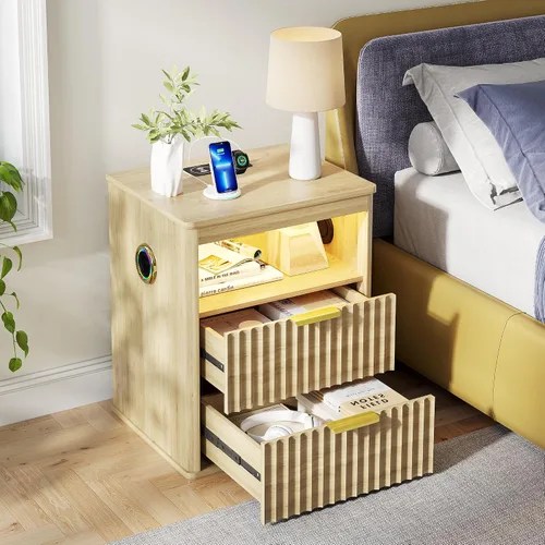 Vista 20 de Gurexl Mesita de noche inteligente con altavoz Bluetooth, moderna mesita de noche con luces LED RGB y estación de carga inalámbrica, soporte