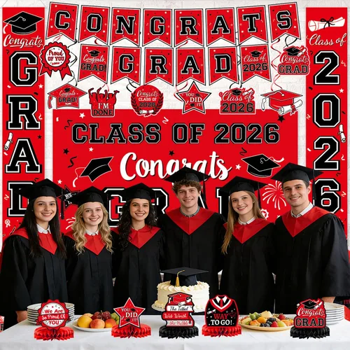 Vista 7 de Decoraciones de graduación 2026, juego de decoraciones de graduación rojo y negro con pancarta y telón de fondo de felicitaciones, letrero