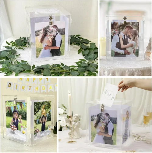 Vista 7 de OurWarm Caja de tarjetas de boda de acrílico con marco de fotos para fotos de 8 x 10 pulgadas, soporte grande giratorio para caja de regalo