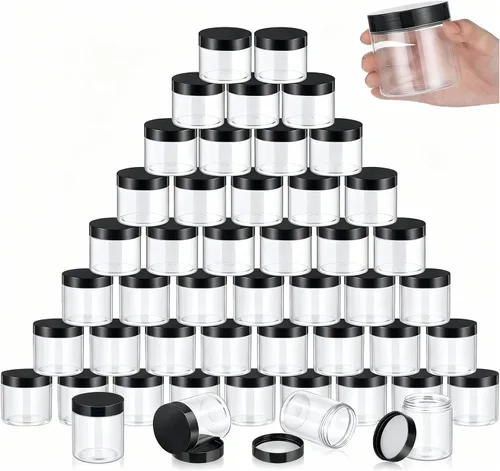 Vista 19 de 36 tarros de plástico redondos transparentes a prueba de fugas para cosméticos con forro interior y tapas negras para lociones, ungüentos Negro