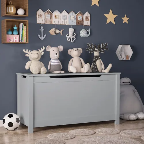 Vista 10 de Cofre de juguetes de madera, caja de juguetes para niños, muebles para sala de juegos, banco con tapa con bisagras de seguridad, organizador