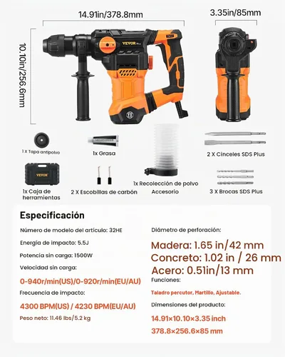 Vista 7 de VEVOR - Rotomartillo SDS-Plus de 1-1/4 pulgadas, taladro con cable de 13 amperios, martillos de astilla de servicio pesado con control de vibración