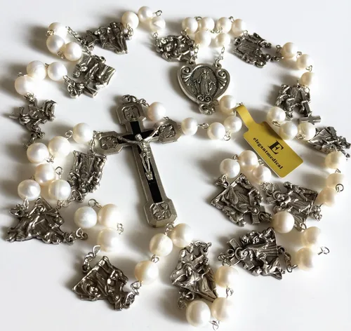 Vista 3 de elegantmedical Stations of the Cross - Rosario de oración con perlas blancas reales, caja de regalo católica, Perla