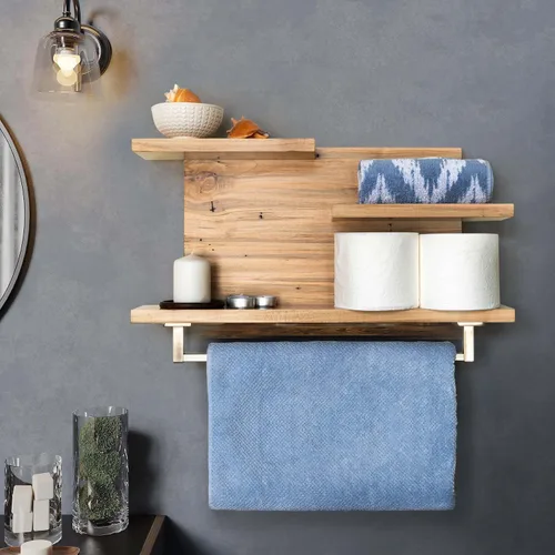 Vista 2 de Straga Estantes rústicos de baño montados en la pared, organizadores de estantes de madera dura de 23 pulgadas con soporte para toallas de 18