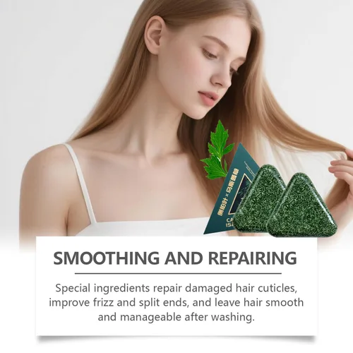 Vista 4 de Nature Seven Green Jabón de champú, barra de champú, barra triangular de hierba para adelgazar el cabello, mujeres y hombres (2 unidades)