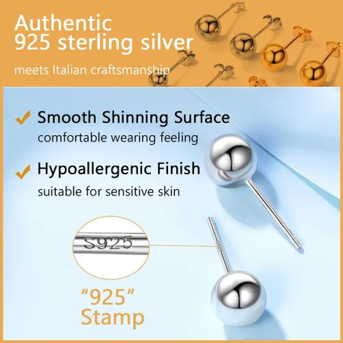 Vista 3 de PROSILVER 925 Sterling Silver Ball Stud Earrings, Hypoallergenic for Sensitive Ears, Womens Flat Back Studs, 3mm4mm5mm7mm, Come with Box