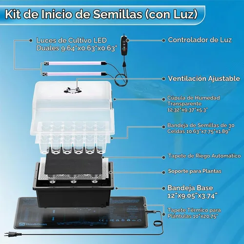 Vista 2 de Hon&Guan Kit de inicio de semillas de 30 celdas con tapete térmico y luces