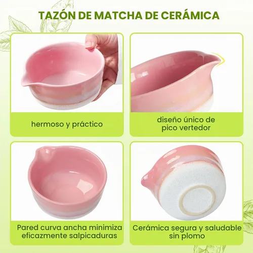 Vista 4 de Juego de batidor de matcha, kit de matcha con cuenco de cerámica de 18 onzas, batidor de bambú de 100 puntas, tamiz de acero inoxidable