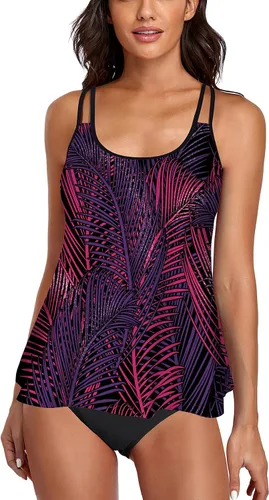 Vista 12 de Omichic Conjuntos de tankini modestos para mujer, trajes de baño atléticos de 2 piezas, camiseta sin mangas fluida con parte inferior de bikini