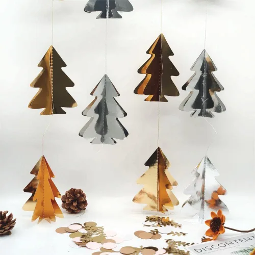Vista 4 de JEYE Guirnalda de árboles de Navidad 3D dorados y plateados, decoración de papel para colgar árboles de Navidad, telón de fondo de serpentina
