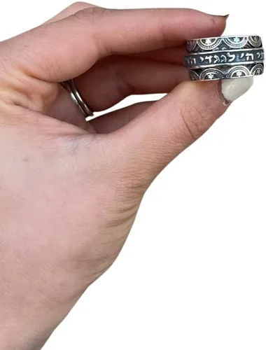 Vista 7 de Anillo de barril giratorio de meditación hebreo hecho a mano en plata de ley 925, joyería judía tamaño 5 a 12
