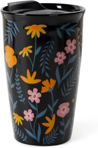 Vista 10 de ANTIS'S HOME Taza de Viaje de Cerámica con Tapa, Taza de Café Tumbler de Doble Pared Beige con Patrón de Flores, Taza Alta Reutilizable, Tapa