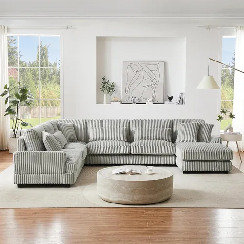 Vista 10 de Sofá modular de gran tamaño con otomana, lujoso juego de sofá modular en forma de L, sofá modular reversible de 7 plazas para sala de estar y beige