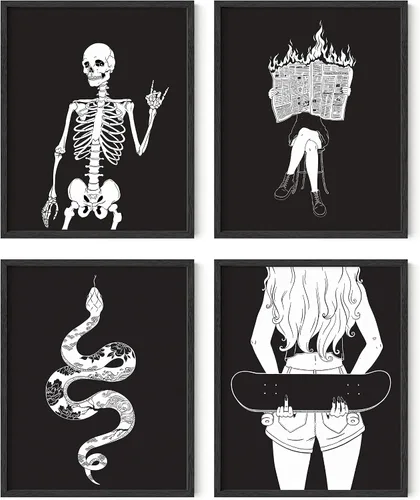 Vista 26 de HAUS AND HUES Decoración gótica de pared, juego de 4 impresiones de Halloween, arte de pared de terror y esqueleto, obra de arte espeluznante