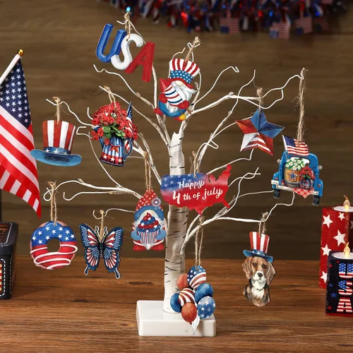 Vista 6 de Karenhi 36 adornos patrióticos del 4 de julio, decoraciones de árbol de aniversario del 250 aniversario, adorno de madera de Estados Unidos
