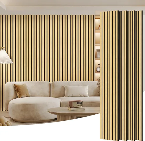 Vista 9 de Paquete de 2 paneles de madera para pared, paneles acústicos de listones de madera de 48 x 24 pulgadas, paneles acústicos para decoración de paredes
