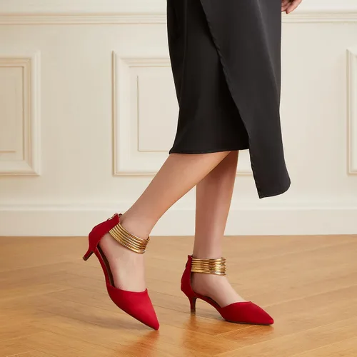Vista 6 de Trary Tacones de gatito con correa al tobillo para mujer, tacones verdes, tacones rojos, tacones morados, tacones negros, tacones cerrados