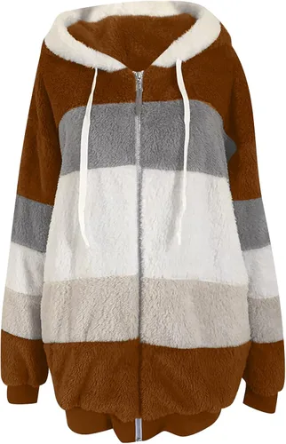 Vista 3 de Abrigo de vellón con capucha para mujer, holgado, talla grande, con cremallera, cálido, de manga larga, con capucha, chaqueta de punto