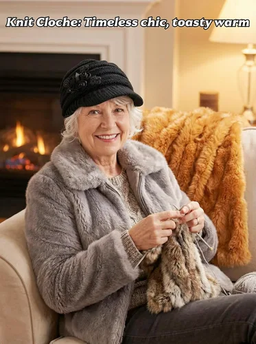 Vista 3 de C-US Gorro de invierno para mujer de punto con ala tejida y visera con detalle de flor Negro