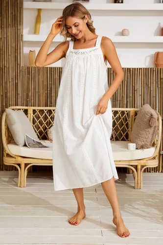 Vista 4 de YOZLY Camisones de algodón para mujer, sin mangas, bordados, con bolsillos, S-XXL