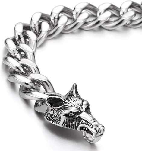 Vista 4 de COOLSTEELANDBEYOND Biker Punk Rock Mens Stainless Steel Wolf Head Curb Chain Bracelet with Spring Ring Clasp, 9 Inches